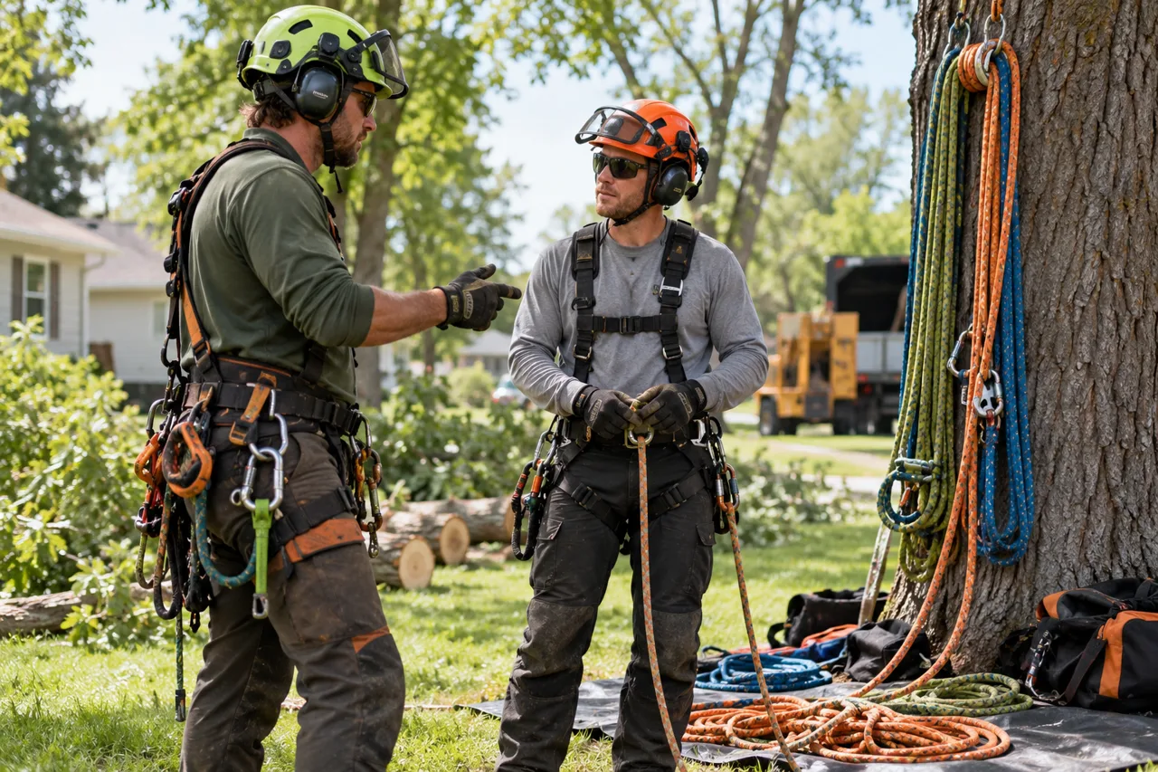Arborists discussing a tree care plan