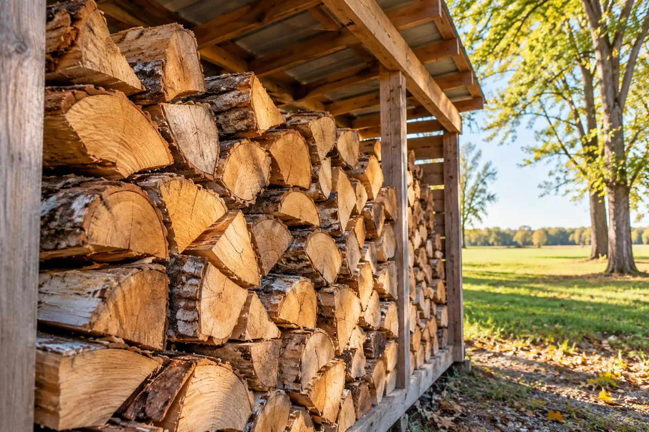 Split hardwood logs stacked in a woodshed