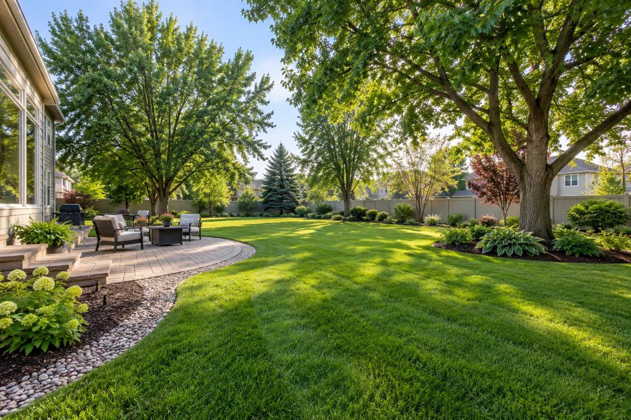 Maintained yard beneath mature shade trees