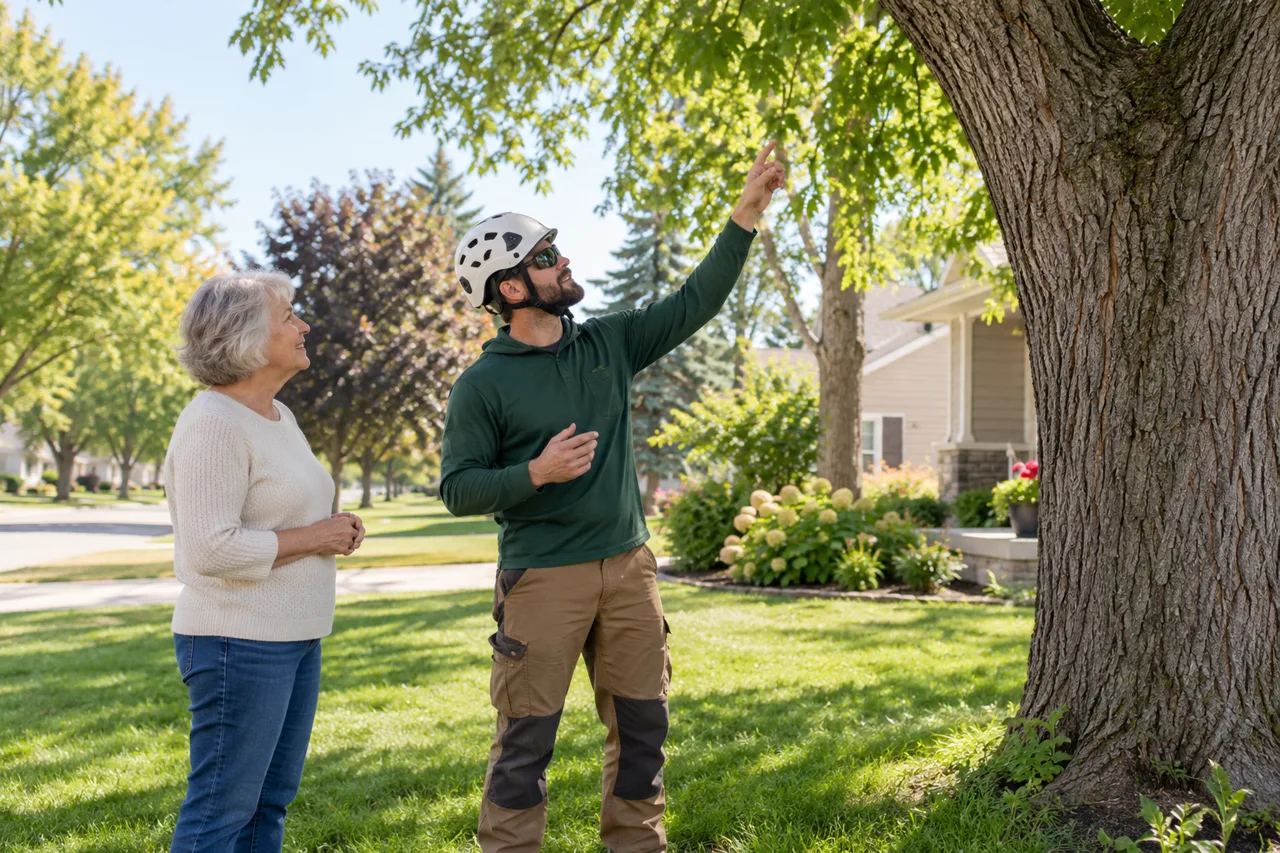 Homeowner discussing tree care with an arborist