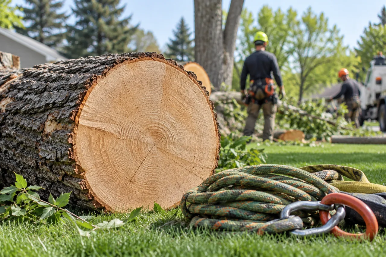 Tree trunk sections and rigging at a removal worksite