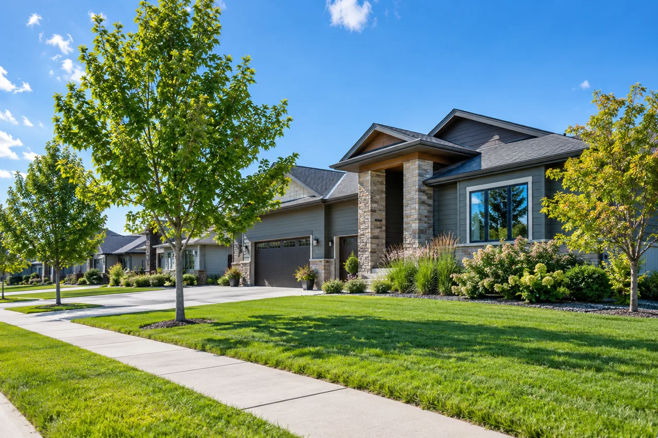Boulevard trees beside a suburban home
