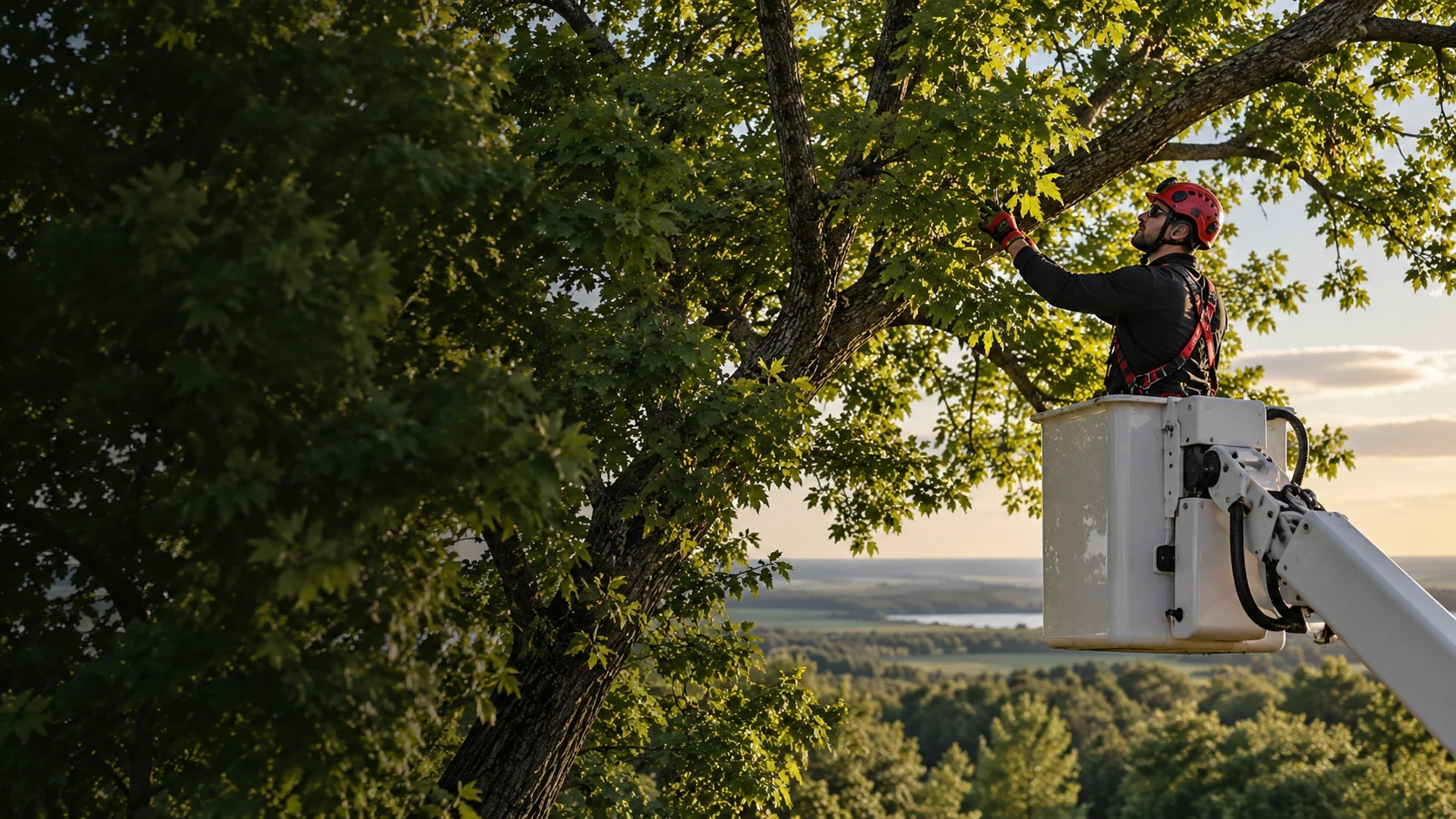 Tree trimming among a mature leafy canopy